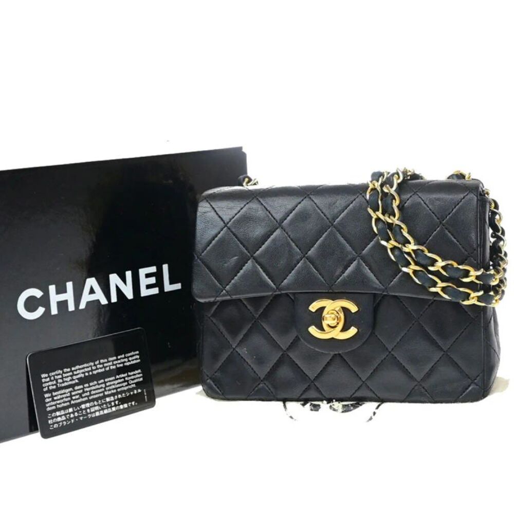Chanel Vintage Square Classic Flap Quilted Lambskin Black Leather Shoulder Bag
